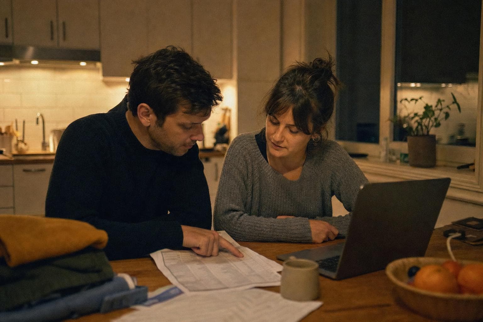 Two people at a kitchen table at night with a printed list, a laptop, and folded clothes at the edge.