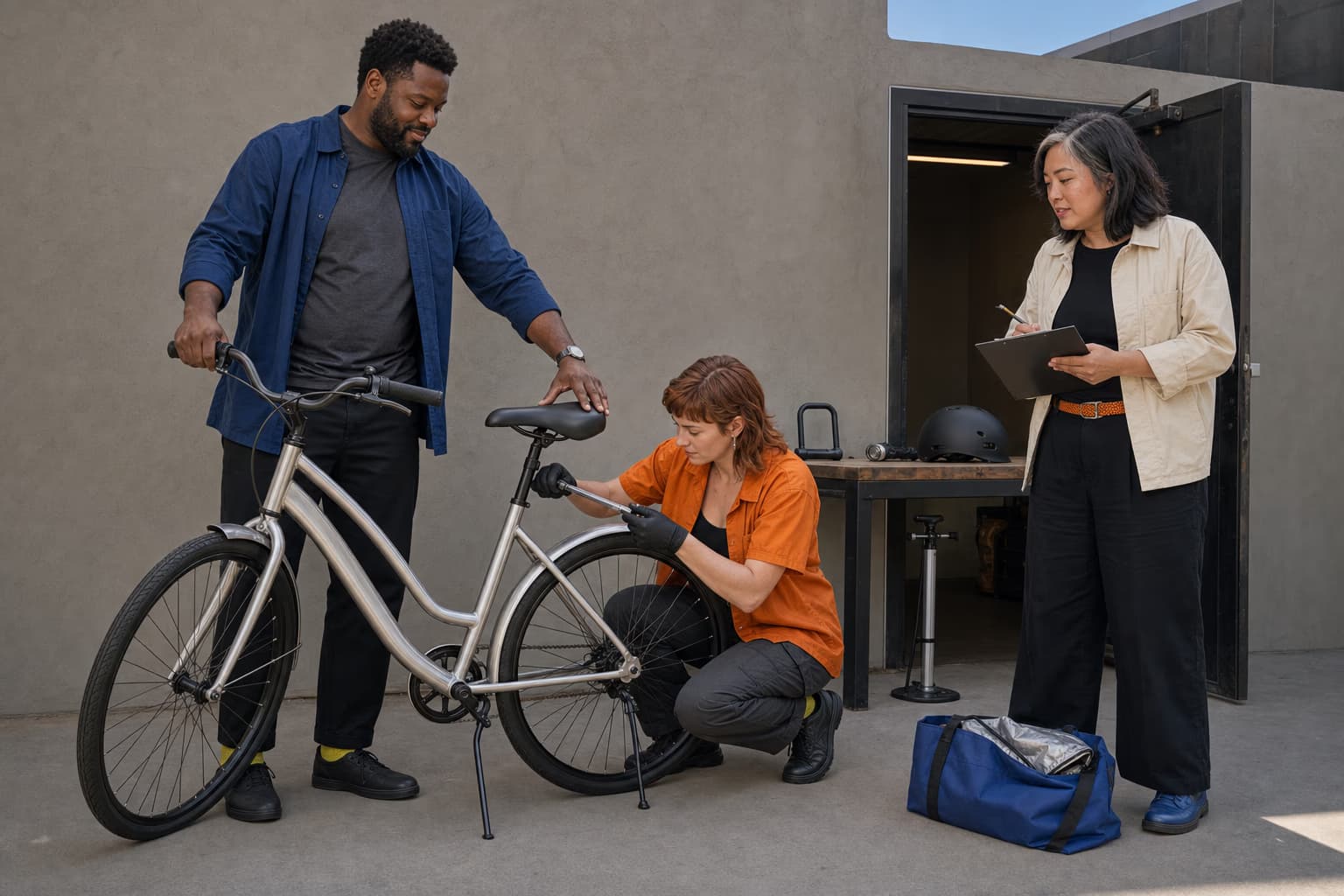 Three adults inspecting and fitting a stationary rental bicycle in a sunlit workshop courtyard