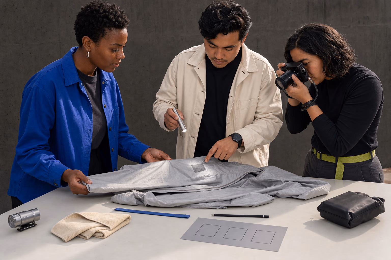 Three peers documenting and inspecting a repaired silver shell before a careful gear handoff