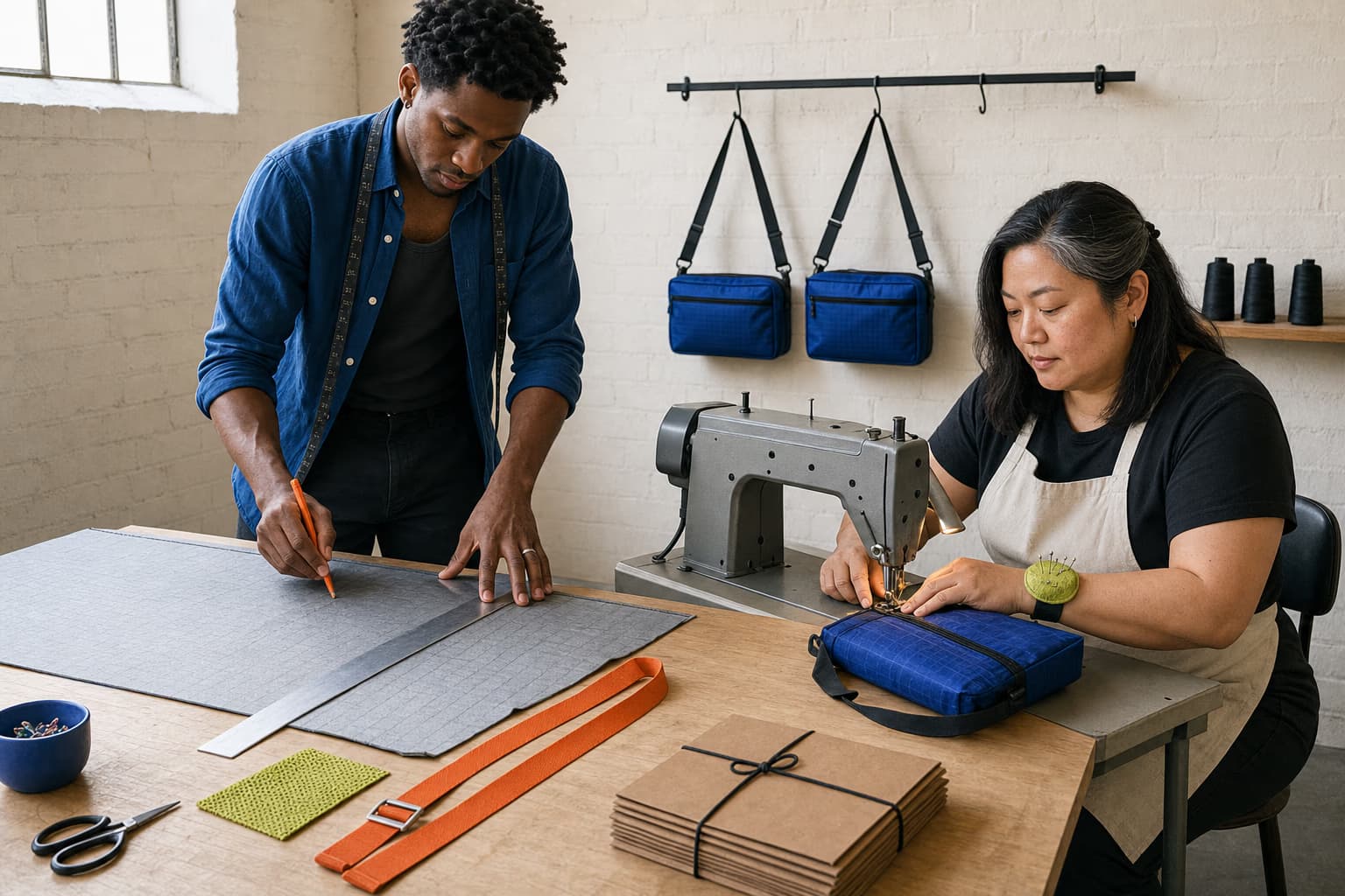 Two independent makers cutting cobalt textile and sewing a silver utility bag in a daylight studio