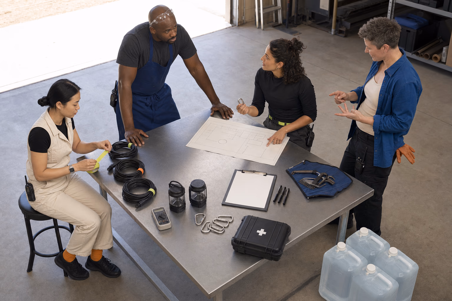 Four camp organizers assigning equipment, water, cables, and build tasks around an aluminum worktable